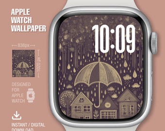 Papier peint Apple Watch, cadran, parapluie et village, illustration, arrière-plan de la montre, cadran numérique, téléchargement immédiat, art numérique