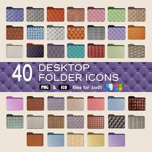 Może przedstawiać: 40 ikon folderów pulpitu w różnych kolorach i teksturach, w tym skórzanych, pikowanych i tkanych wzorach. Pliki PNG i ICO dla komputerów Mac i Windows.