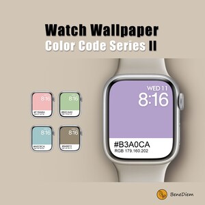 May include: A smartwatch face with a purple background and the time displayed as "WED 11 8:16". The text "#B3A0CA" and "RGB 179.160.202" are displayed below the time. Four smaller watch faces with different colored backgrounds are shown in the top left corner of the image.