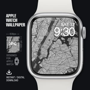 Könnte beinhalten: Eine Schwarzweißkarte von New York City mit dem Text "SAM 13" und "9:30" auf einem weißen Apple Watch-Zifferblatt.