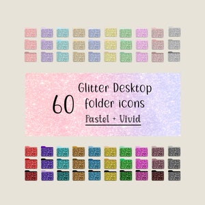 May include: 60 glitter folder icons in pastel and vivid colors. The icons are arranged in two rows of 30. The icons are all the same size and shape, and they are all in the shape of a folder. The icons are all different colors, and they are all covered in glitter.