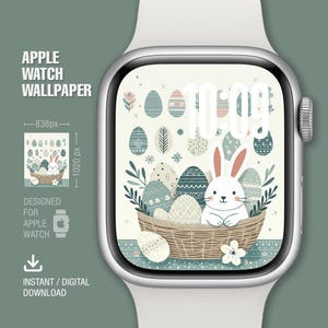 Sfondo Apple Watch, Pasqua, Buona Pasqua, Quadrante, Arte digitale, Quadrante digitale, Download immediato, Coniglietto pasquale in un cestino