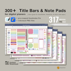 May include: A digital planner sticker collection with 317 individual PNG files. The stickers are pre-cropped for use with GoodNotes and other note-taking apps. The stickers feature a variety of colorful title bars, note pads, and other decorative elements.