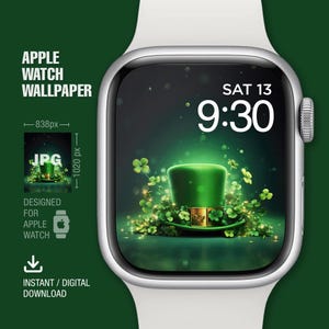 May include: A digital watch face with a green leprechaun hat surrounded by shamrocks and the text "SAT 13 9:30".