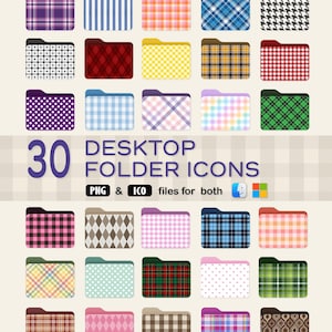 Puede incluir: 30 iconos de carpeta con diferentes patrones para usar en el escritorio. Los iconos están dispuestos en una cuadrícula de 6 filas y 5 columnas. Los patrones incluyen cuadros, vichy, lunares, rayas y mucho más.