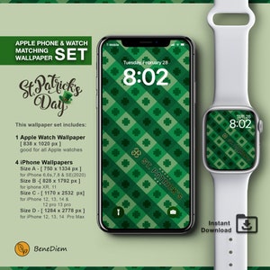 Matching Wallpaper set for iPhone & Apple Watch, Saint Patrick&#39;s Day, Watch Face, Digital Art, St. Patrick, Instant download, Wallpaper
