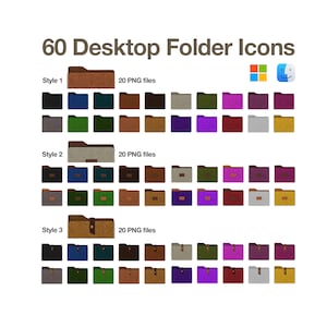 May include: A collection of 60 desktop folder icons in three styles, each with 20 PNG files. The icons are in various colors, including black, blue, green, brown, purple, and gold. The text "60 Desktop Folder Icons" is at the top.