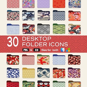 Peut inclure: 30 icônes de dossiers de bureau d'inspiration japonaise. Les icônes présentent divers motifs et designs, notamment des vagues, des fleurs et des formes géométriques. Les icônes sont disponibles aux formats PNG et ICO pour Mac et Windows.