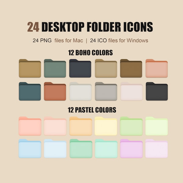 24 Desktop Folder Icons, Boho Color, Pastel, Mac+PC Folder Icons , Desktop Folder Icon, Computer Folder Icons, Multiple colors, Digital Art