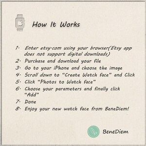 May include: A step-by-step guide on how to create a custom watch face using an image from Etsy.com on an iPhone. The instructions include downloading the image, opening the "Create Watch Face" app, and selecting the image from your photo library.