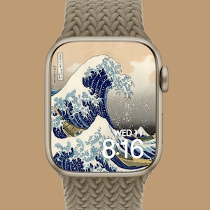 Sfondo Apple Watch, quadrante dell'orologio, La grande onda di Kanagawa di Hokusai, sfondo dell'orologio, quadrante digitale dell'orologio, arte digitale