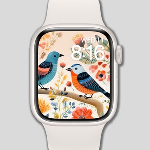 Sfondo Apple Watch, Quadrante dell'orologio, Uccelli e fiori, Sfondo dell'orologio, Quadrante digitale dell'orologio, Arte digitale, Design digitale
