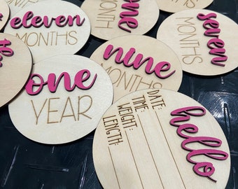 Hello World Monthly Sign, New Mom Gift, Baby Shower Gift, Milestone Discs, Baby Monthly Sign Set, Baby Announcement, Monthly Photo Markers