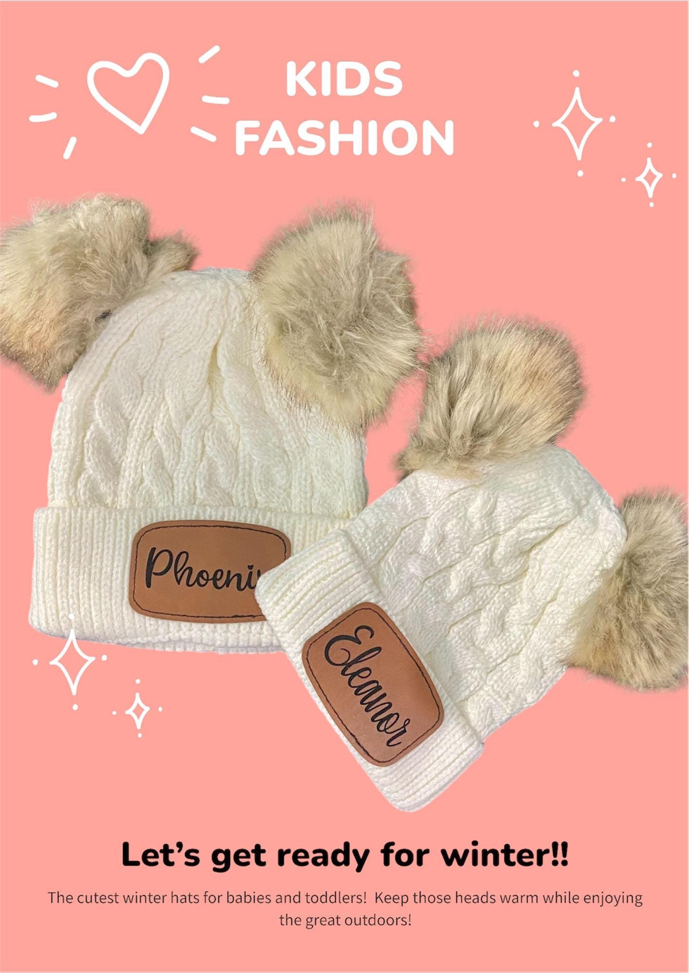 Personalized baby beanie | Laser Engraved Name Beanie | Custom Toddler Name Hat | Leather Patch | Girls Pom Pom Beanie | Double PomPom