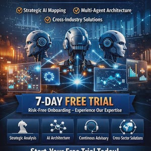 May include: A dark blue promotional graphic advertising AI solutions. The image includes robotic heads, the text "7-DAY FREE TRIAL", and icons representing services such as strategic analysis and AI architecture. The call to action is "Start Your Free Trial Today!"