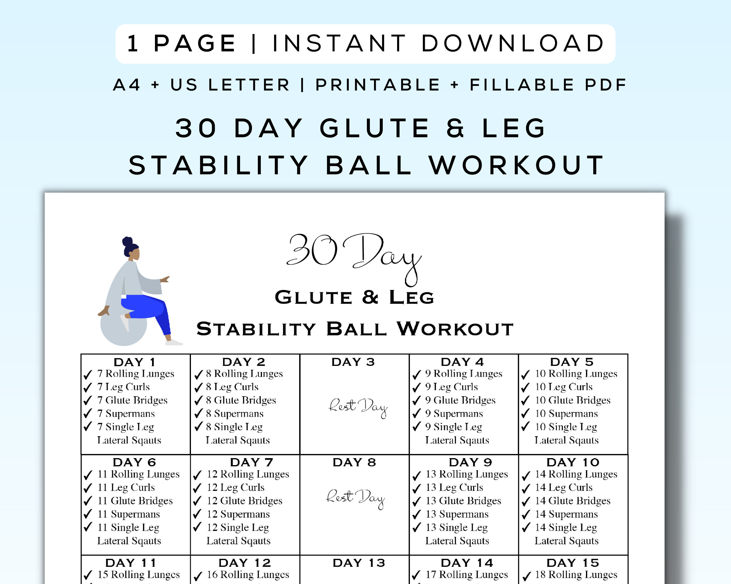30 Day Glute Leg Stability Ball Workout Plan Printable Fillable PDF Easy to Follow Fitness Program Beginner Friendly A4 US Letter Etsy