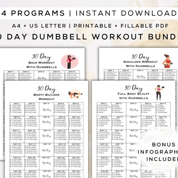 30 Day Dumbbell Workout Bundle Printable + Fillable PDF | 4 Workout Plans, Easy to Follow Gym Guides, Home Workout Plans | A4 + Letter