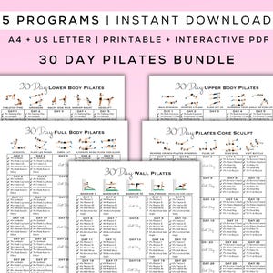30 日間のピラティス ワークアウト バンドル 印刷可能 + インタラクティブ PDF | 簡単に実行できる、初心者に優しいエクササイズ、デジタル ワークアウト ガイド | A4 + US レター
