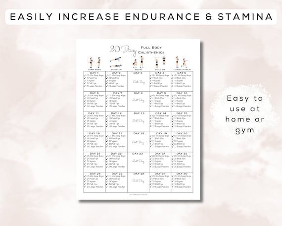 30 Day Full Body Calisthenics Workout Plan Printable Interactive PDF Easy to Follow Fitness home Workout Digital Gym Guide A4 Letter Etsy