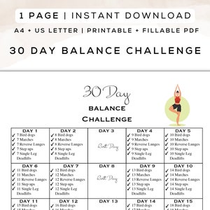 30 Day Balance Challenge Workout Printable + Fillable PDF | Easy to Follow Fitness Program, Beginner Home Workout, Gym Guide |A4 + Letter