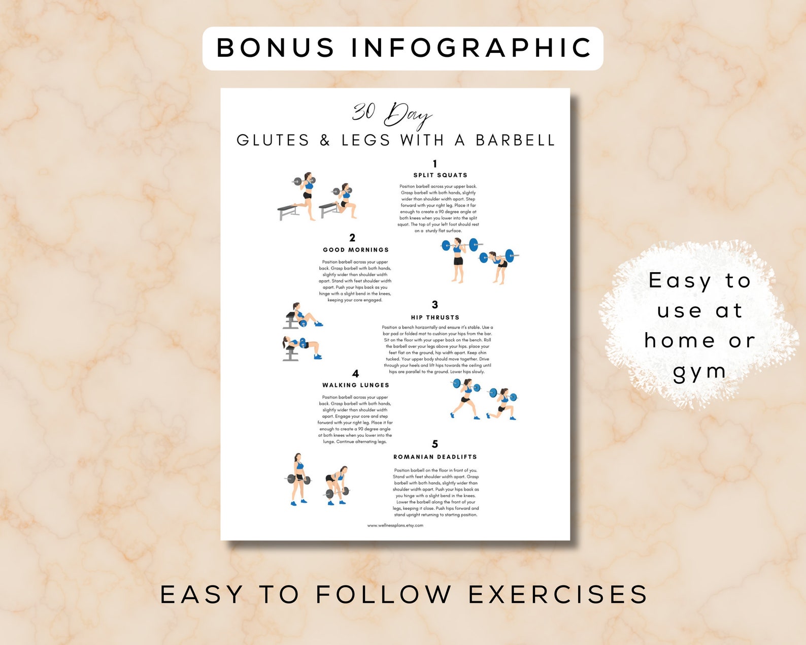 30 Day Glute & Leg Barbell Workout Plan Printable + Fillable PDF Bous
