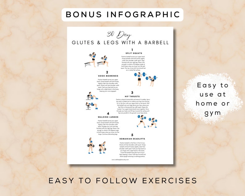 Barbell Exercise .pdf 30 Day Glute & Leg Barbell Workout Plan Printable + Fillable PDF | Bous ...