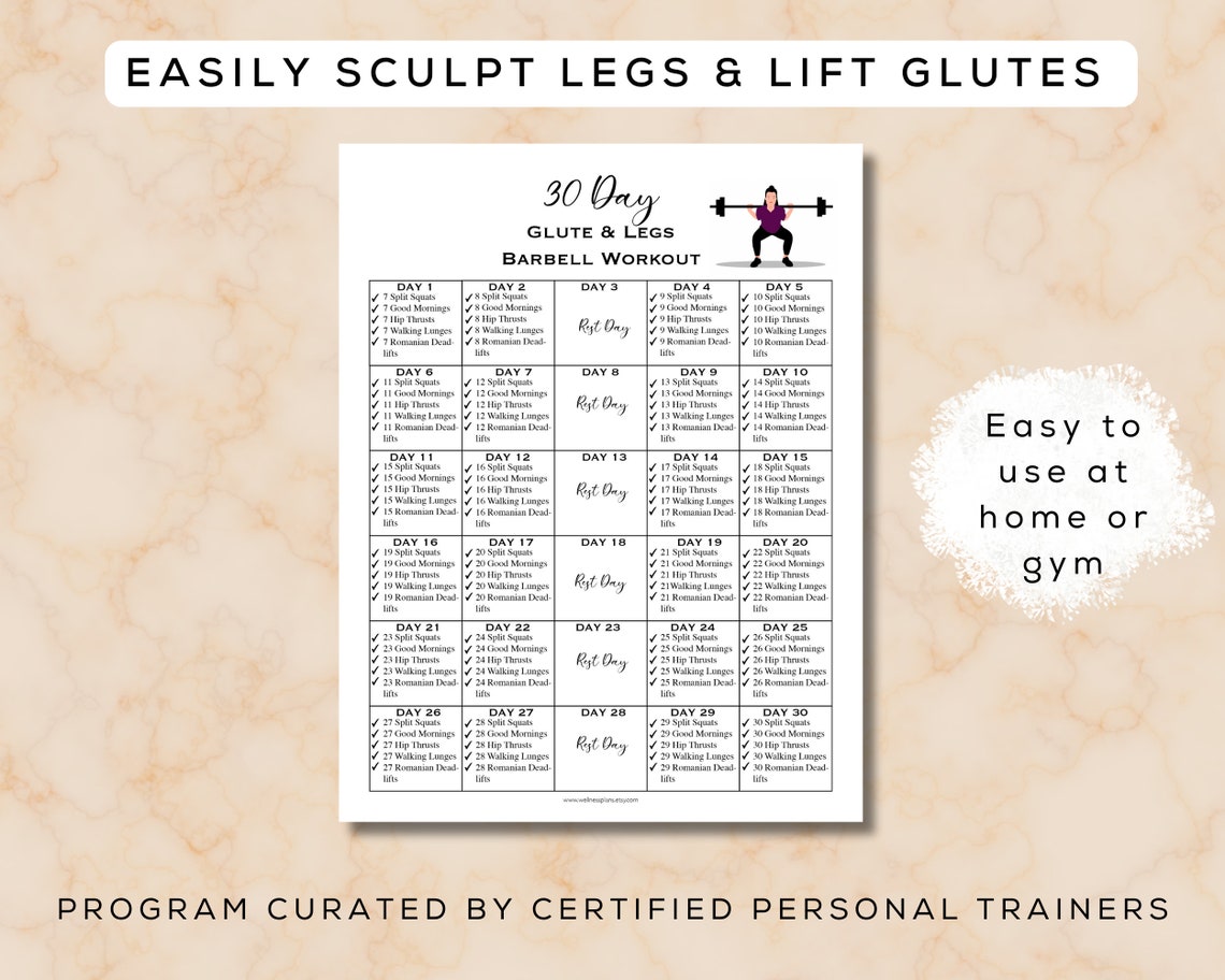 30 Day Glute & Leg Barbell Workout Plan Printable + Fillable PDF | Bous ...