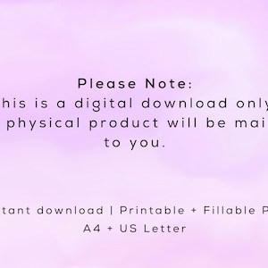 Puede incluir: Texto sobre un fondo rosa que dice "Por favor, tenga en cuenta: Esta es una descarga digital solamente. No se enviar&aacute; ning&uacute;n producto f&iacute;sico. Descarga instant&aacute;nea | PDF imprimible y rellenable A4 + US Letter"