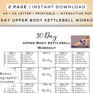 30 Day Kettlebell Upper Body Workout Printable + Digital Gym Guide | Bonus Infographic | A4 & US Letter | Easy to Follow Fitness Program
