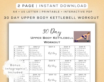 30 Day Kettlebell Upper Body Workout Printable + Digital Gym Guide | Bonus Infographic | A4 & US Letter | Easy to Follow Fitness Program