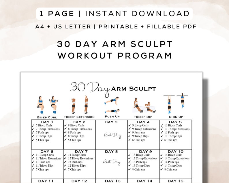 30 Day Arm Sculpt Workout Plan Printable + Fillable PDF | Fitness ...