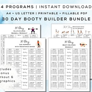 Op de afbeelding: Een printbare 30-daagse booty builder bundel met vier trainingsprogramma's: Glute & Legs Barbell Workout, Resistance Band Glute Workout, Leg Workout with Resistance Bands en Booty Builder Workout. De bundel bevat bonus workout- en infographic-bronnen.