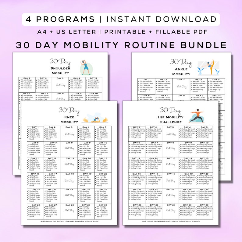 30 Day Mobility Bundle Printable Fillable PDF 4 Mobility Routines, Easy