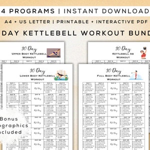 Puede incluir: Un paquete de entrenamiento de kettlebell de 30 días imprimible con cuatro programas diferentes: Kettlebell para la parte superior del cuerpo, Kettlebell para los abdominales, Kettlebell para la parte inferior del cuerpo y Kettlebell para todo el cuerpo. Cada programa incluye un horario de entrenamiento diario con ilustraciones de los ejercicios.