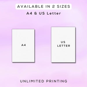 Puede incluir: Dos hojas de papel blancas con texto sobre un fondo rosa. El texto de la hoja de la izquierda dice "A4" y el texto de la hoja de la derecha dice "US LETTER". El texto en la parte superior de la imagen dice "AVAILABLE IN 2 SIZES" y "A4 & US Letter". El texto en la parte inferior de la imagen dice "UNLIMITED PRINTING".