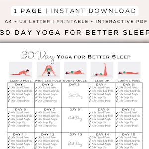 Puede incluir: Una rutina de yoga imprimible de 30 días para dormir mejor. La tabla incluye cinco posturas de yoga: postura del lagarto, pliegue de piernas anchas, ángulo ligado, piernas arriba y postura del cadáver. Cada postura está ilustrada con una figura de palo. La tabla incluye un horario diario para cada postura, con la duración de cada postura aumentando cada semana. La tabla también incluye días de descanso.