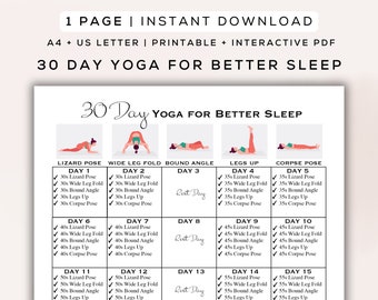 May include: A printable 30-day yoga routine for better sleep. The chart includes five yoga poses: Lizard Pose, Wide Leg Fold, Bound Angle, Legs Up, and Corpse Pose. Each pose is illustrated with a stick figure. The chart includes a daily schedule for each pose, with the duration of each pose increasing each week. The chart also includes rest days.