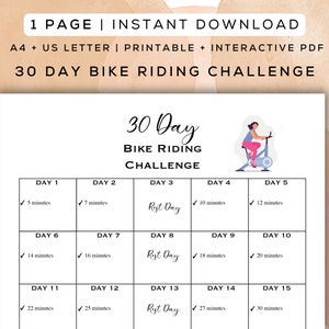 30 Day Bike Riding Challenge Printable + Interactive PDF, Digital Gym ...