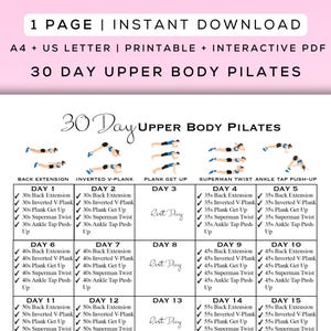 30 Day Upper Body Pilates Printable + Interactive PDF | Easy to Follow, Beginner Friendly Exercises, Digital Workout Guide | A4 + US Letter
