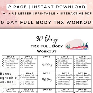 Peut inclure: Un plan d'entraînement complet du corps TRX imprimable de 30 jours avec une mise en page de calendrier. Le plan d'entraînement comprend une variété d'exercices, notamment des pompes atomiques, des squats aériens, des flys deltoïdes et des squats pistolet. Le calendrier comprend des jours de repos et un bonus infographique.