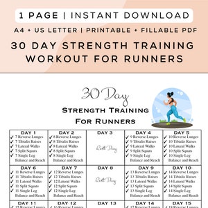 Entrenamiento de fuerza de 30 días para corredores, imprimible y PDF rellenable, programa de acondicionamiento físico fácil de seguir, plan de entrenamiento para principiantes, tamaño A4 y carta
