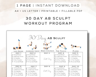 30 Day Ab Sculpt Workout Program Printable + Fillable PDF | Easy to Follow Fitness Program, Beginner Friendly Workout | A4 + US Letter