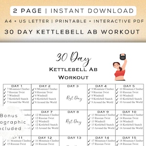 May include: A 30-day kettlebell ab workout plan with a black and white illustration of a woman lifting a kettlebell. The plan includes a daily workout schedule with exercises like mountain climbers, Russian twists, windmills, kettlebell snatches, and around the world. The workout plan also includes rest days.