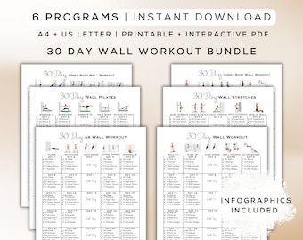 30 Day Wall Workout Bundle Printable + Interactive PDF | 6 Workout Plans, Easy to Follow Gym Guides, Home Workout Plans | A4 + Letter