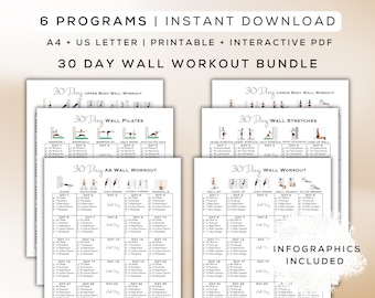 30 Day Wall Workout Bundle Printable + Fillable PDF | 4 Workout Plans, Easy to Follow Gym Guides, Home Workout Plans | A4 + Letter