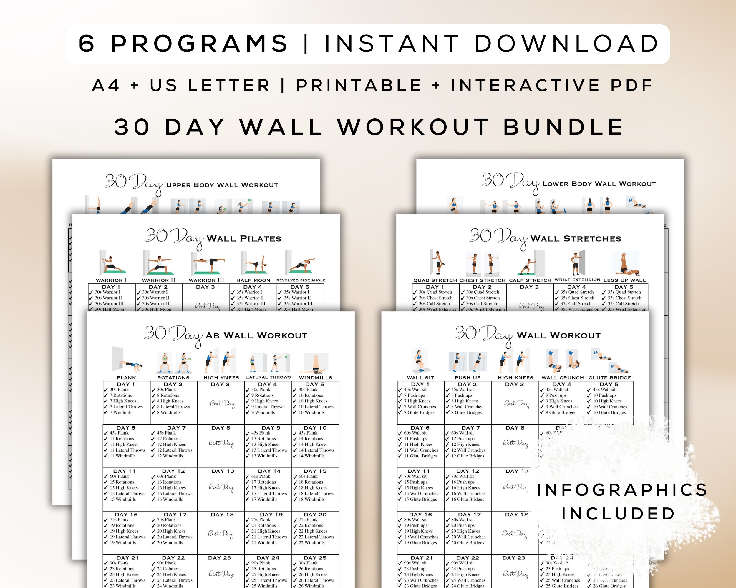 30 Day Wall Workout Bundle Printable + Interactive PDF | 6 Workout ...