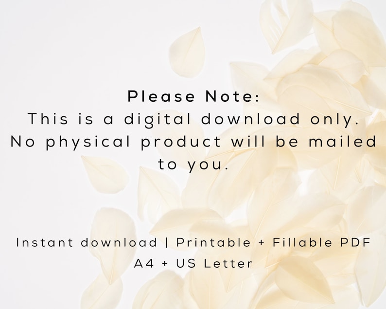 Peut inclure: T&eacute;l&eacute;chargement num&eacute;rique d'un document PDF imprimable et remplissable aux formats A4 et US Letter. Le texte indique "Veuillez noter : Il s'agit d'un t&eacute;l&eacute;chargement num&eacute;rique uniquement. Aucun produit physique ne sera exp&eacute;di&eacute;. T&eacute;l&eacute;chargement instantan&eacute; | PDF imprimable et remplissable A4 + US Letter"