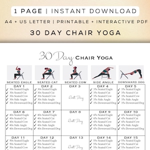 Ejercicio de yoga en silla de 30 días para imprimir + PDF interactivo / Posturas fáciles de seguir, entrenamiento para principiantes, guía digital para gimnasios / A4 + Carta de EE. UU.