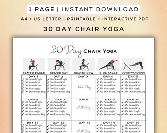 30 Day Chair Yoga Flow Printable + Interactive PDF | Easy to Follow Poses, Beginner Friendly Workout, Digital Gym Guide | A4 + US Letter