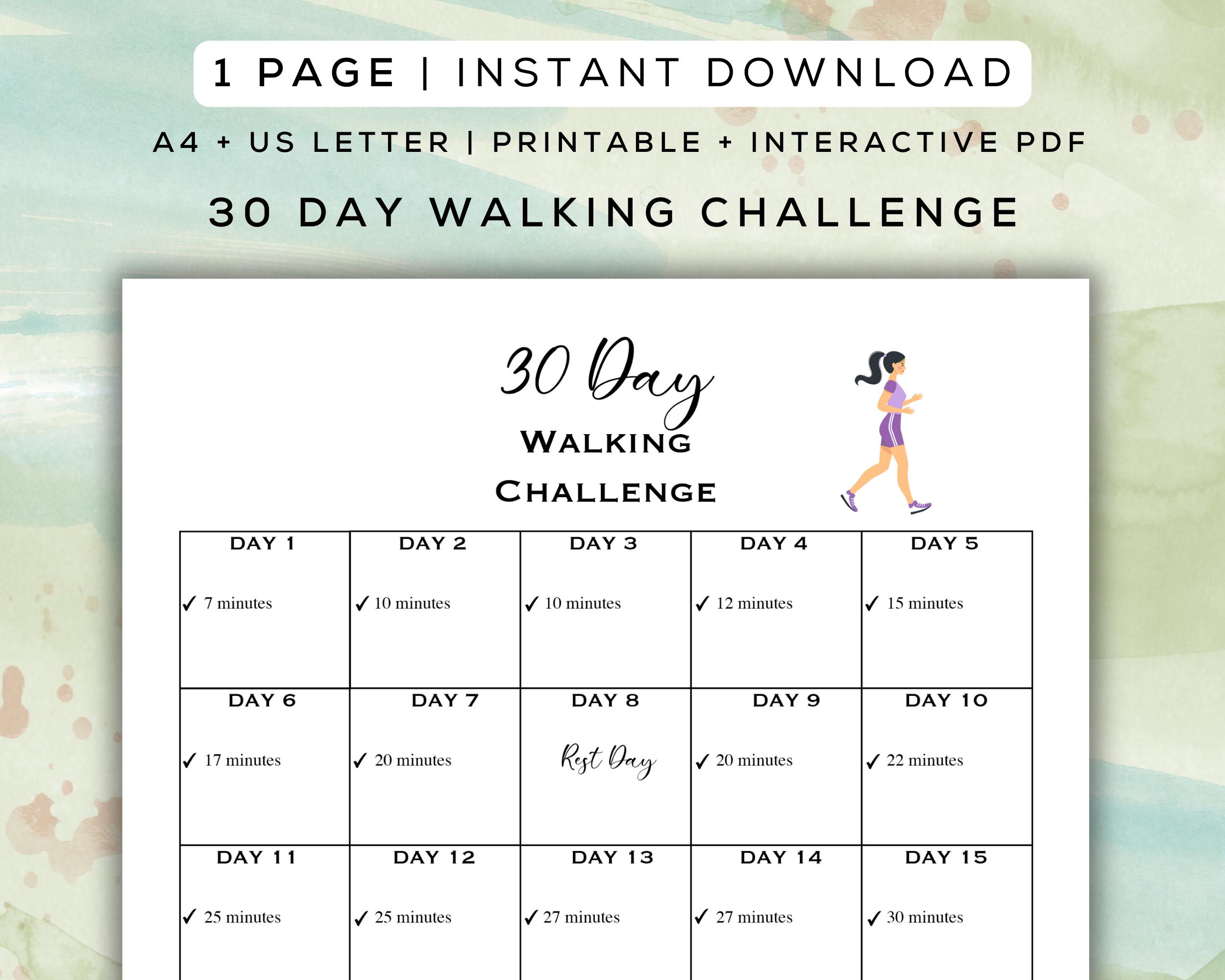 30 Day Walking Challenge: Printable + Interactive Workout Guide (A4 + Letter)